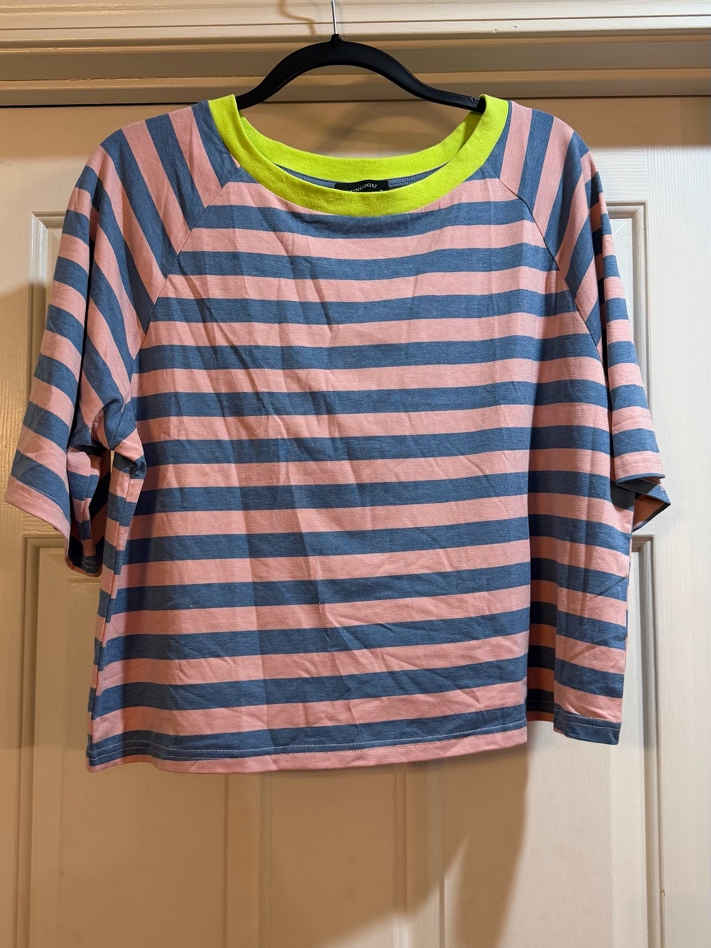 Striped Short Sleeve Tee - Pink & Blue with Lime Neck